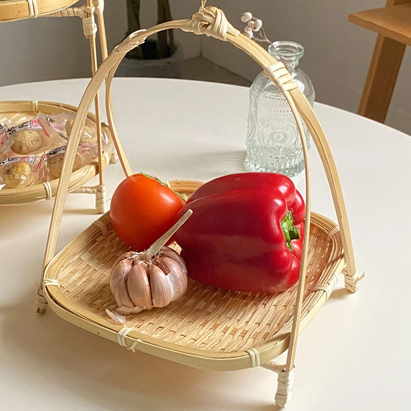 1/2/3 Layer Handwoven Fruit Basket Food Standing Tray Bread Snack Dessert Bamboo Serving Tray Home Kitchen Storage Basket