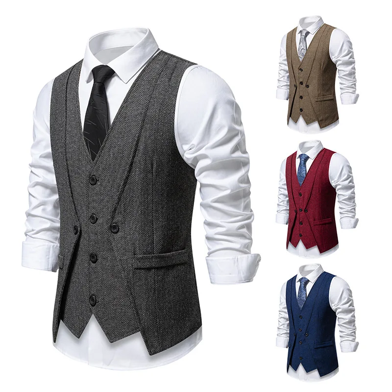 Retro Men's Suit Vest Host Ceremony Fake Two-Piece Vest Fashionable Urban Style Polyester Fiber Single-Button V-Neck Spring Wear