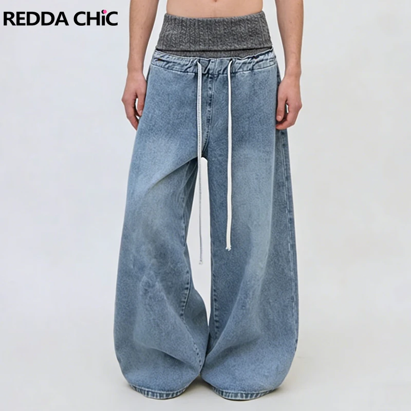 

REDDACHIC Knit Stitch Men Straight Jeans Korean Drawstring Elastic Waist Wash Double Waist Wide Leg Pants Vintage Streetwear