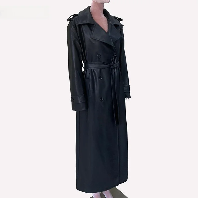 ネラッズーリ 韓国風 PUレザー ジャケット レディース エクストラロング ショルダーパッドコート 2024新作 ファッション 通勤 防風