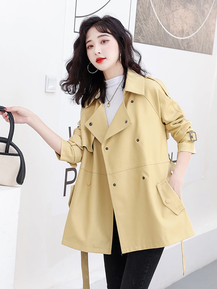 New Women Leather Trench Coat Spring Autumn Casual Fashion Turn-down Collar Long Sleeve Belt Sheepskin Jacket Loose Outerwear