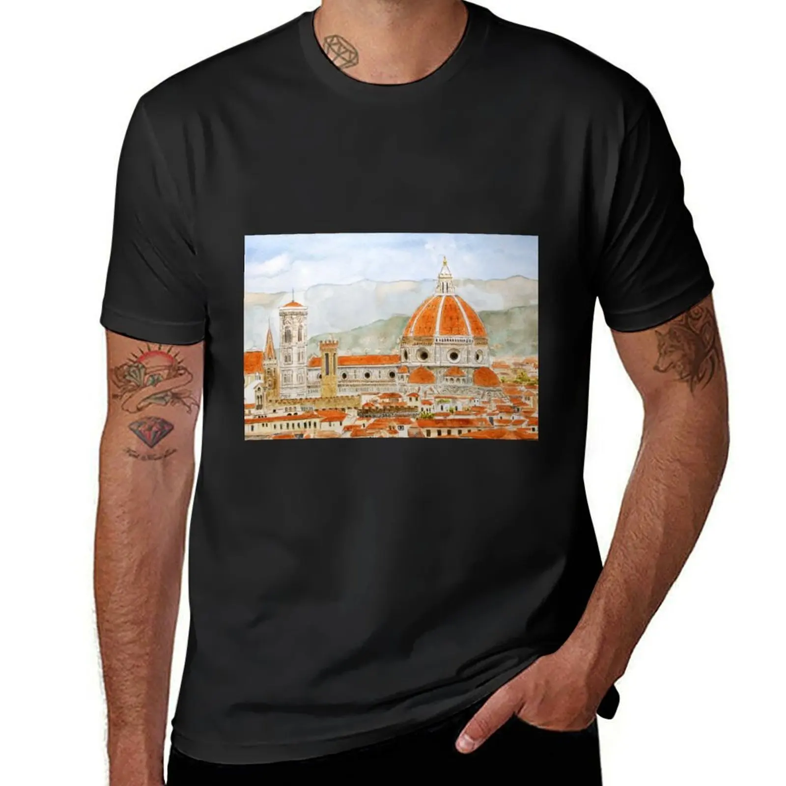 Мужские футболки большого размера с изображением итальянского флорентийского собора Duomo, акварелью и искусственными заготовками для мальчиков