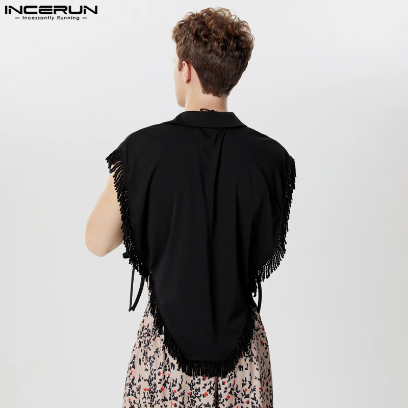 Men Irregular Vests Tassel Patchwork Lapel Sleeveless One Button Waistcoats 2024 Streetwear Lace Up Fashion Casual Vests INCERUN