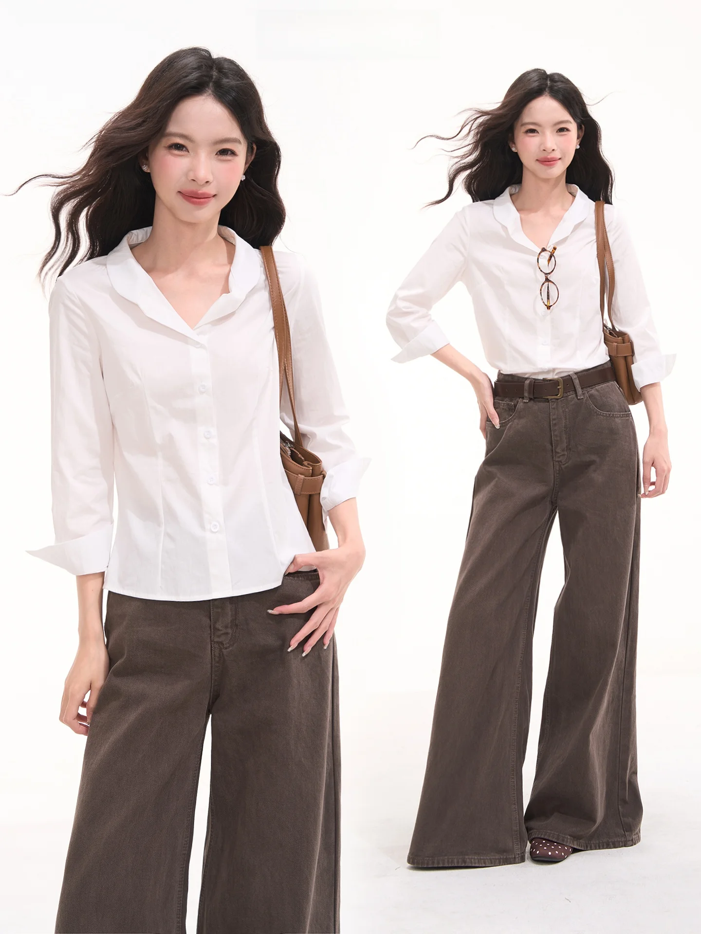 

Original High Quality Slim Fit White Shirt Waist Cinched Women's Spring Summer Korean Style Casual Cotton Pure Color Shirt