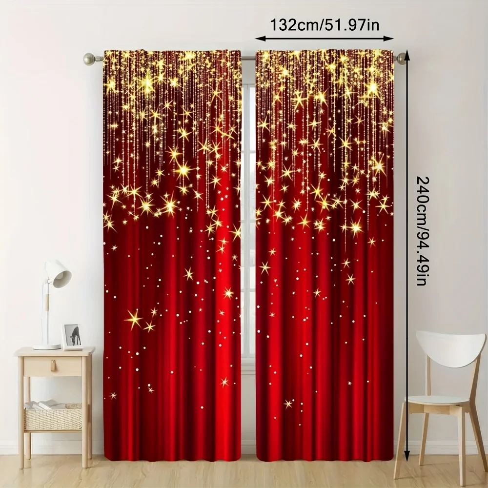 Red Golden Star Curtains 2pcs, Flash Stripe Semi-Transparent Polyester Rod Pocket for Living Room Kitchen Dining Room Decor