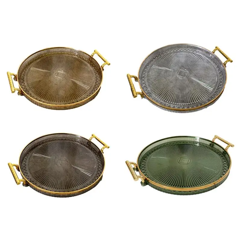 Round Serving Tray Clear Serving Tray Decorative Trays Luxury Storage Tray With Gold Handle Dining Tray Kitchen Accessories