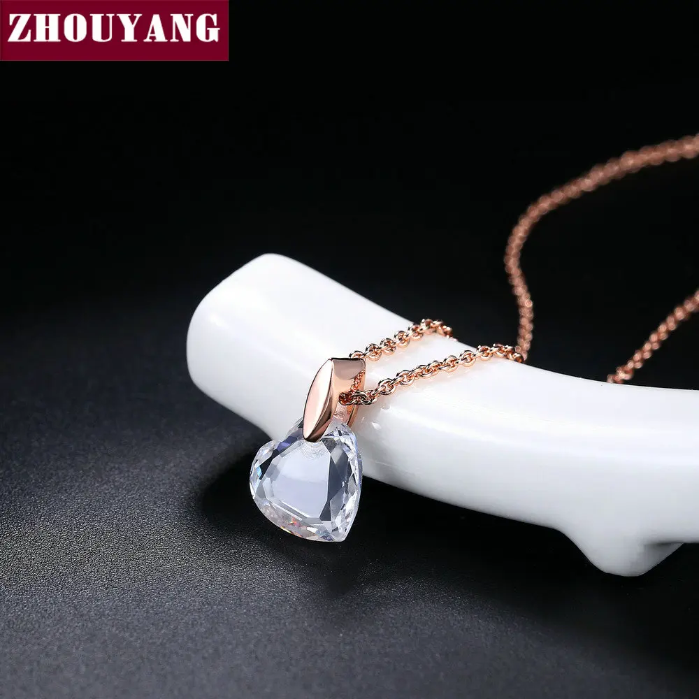 ZHOUYANG Pendant Necklace For Women Clear Heart-cut Crystal Rose Gold Color Fashion Jewelry Gift ZYN126