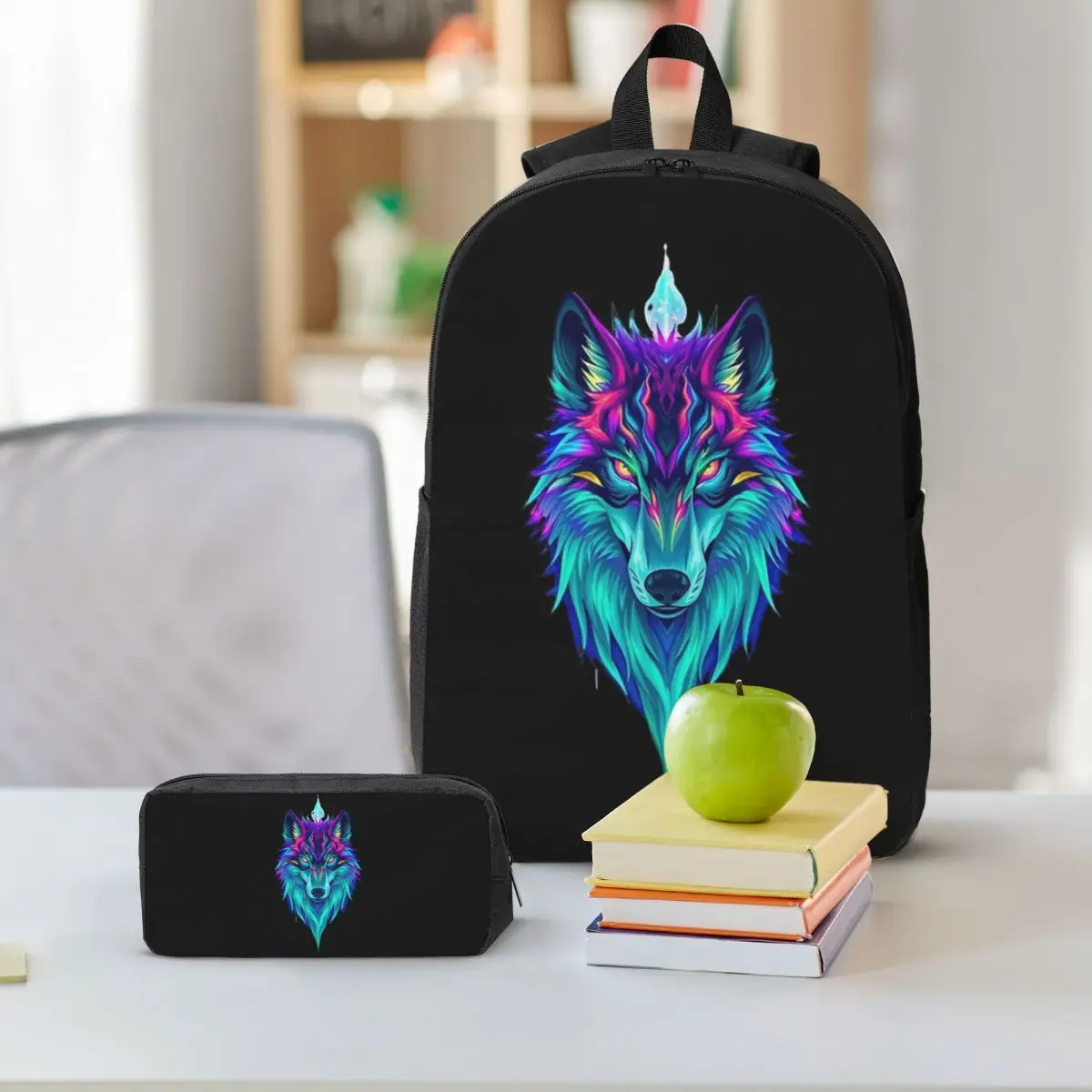 Wild Wolf Backpack Boys Girls BookBag School Bag Shoulder Bags 3ps Insulated Lunch Bag Pencil Case