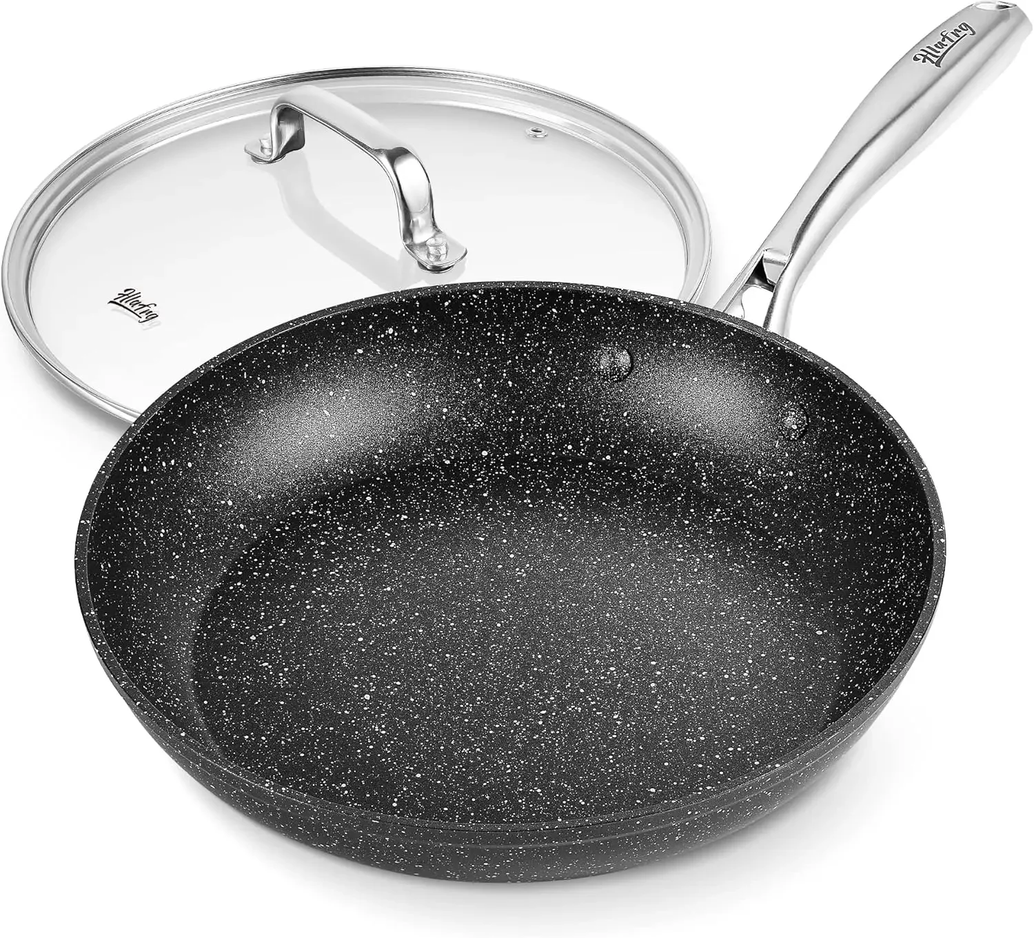 Nonstick Frying Pan with Lid,Black Marble Cookware,Stone-Derived Coating with Heat-Resistant Handle Pot and Pans Healthy Cooking