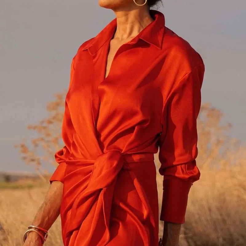 여성용 우아한 셔츠 원피스 단색 폴리에스터 셔츠, 원피스 라펠 긴팔 묶음 허리, 느슨한 맥시 드레스, 2024 신상