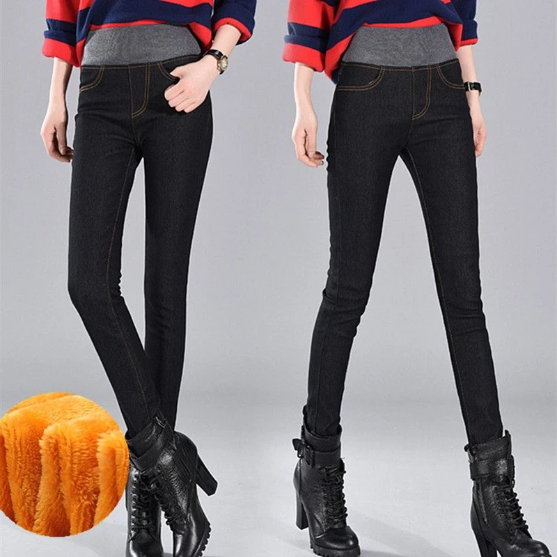 Women's Warm Skinny Vaqueros Oversized 80kg Winter Velvet Pencil Jeans Slim Stretch Denim Pants Thicken Elastic Waist Pantalones