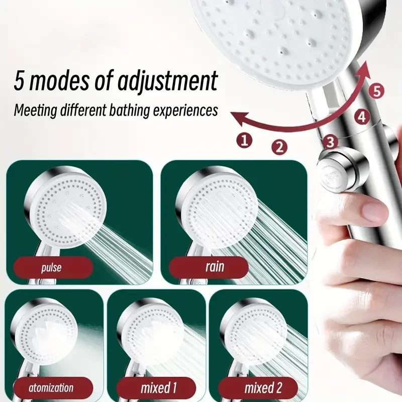 High-pressure handheld shower head with 5 nozzle modes, wall-mounted, ABS plastic, on/off button - bathroom accessory