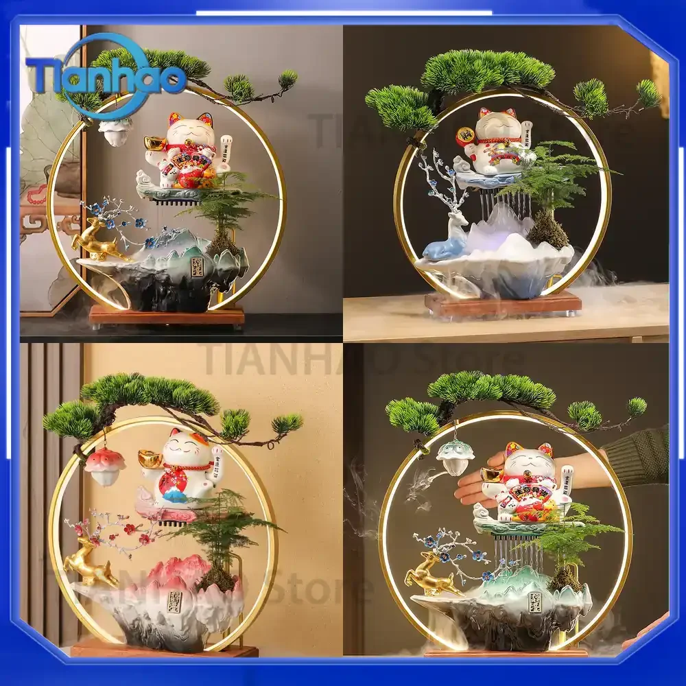 Lucky Cat Water Flow Decoration with Money Tree for Living Room Entrance Store Checkout Counter Opening Gift for All Models