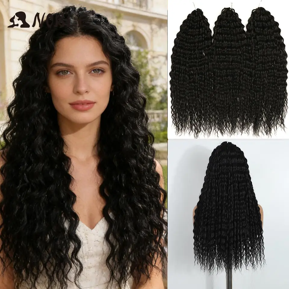 

Noble 24 Inch Jet Black Water Wave Crochet Hair Synthetic Braiding Hair, Pre-Stretched Curly Crochet Braids Extensions for Women