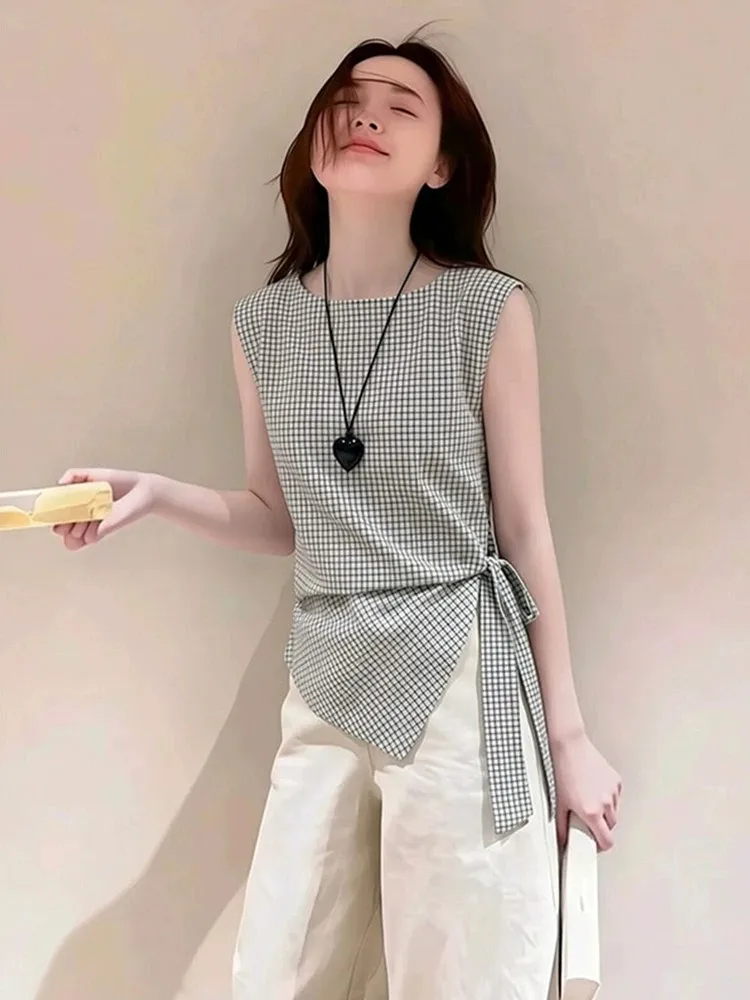 

Retro Plaid Sleeveless Vest Women Summer Irregular Hem Side Tie Waist Cinching Shoulder Top French Style Loose Fit Casual Wear