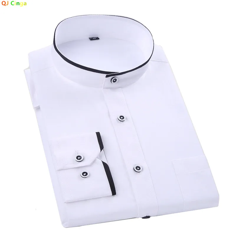 Men's White Long-sleeve Shirt, Black Single-breasted Stand-up Collar Shirt, Suitable for Weddings, Parties, and The Office.