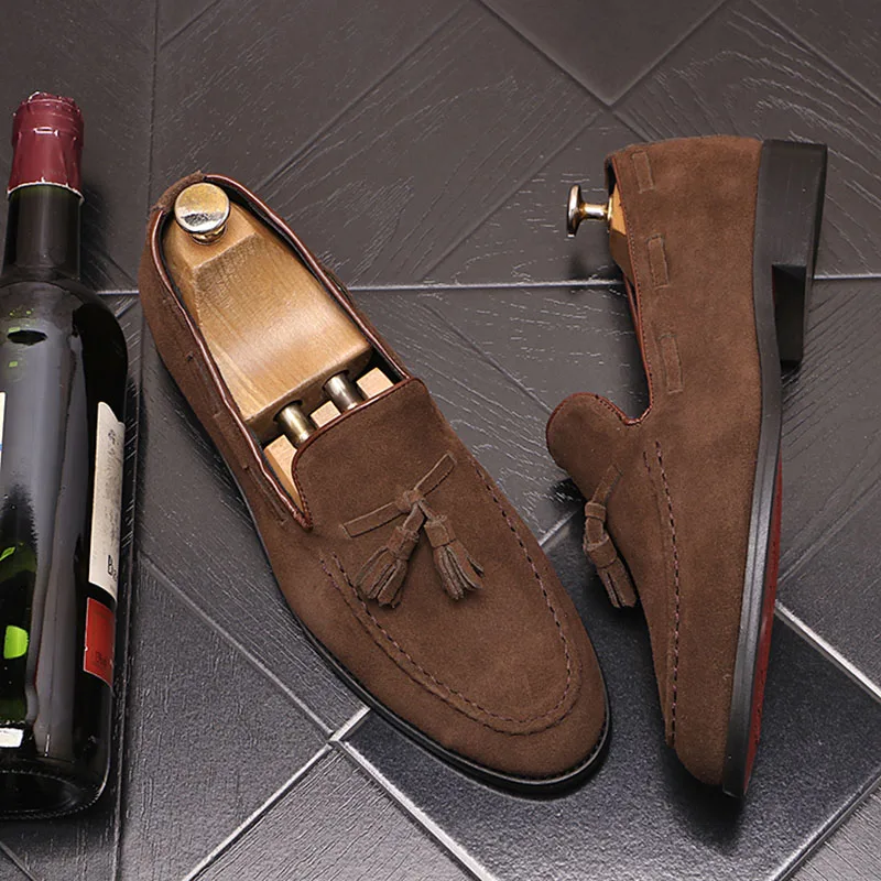 British Fashion Black Brown Tassels Suede Leather Shoes For Men Loafter Wedding Groom Dress Homecoming Business Flats Footwear