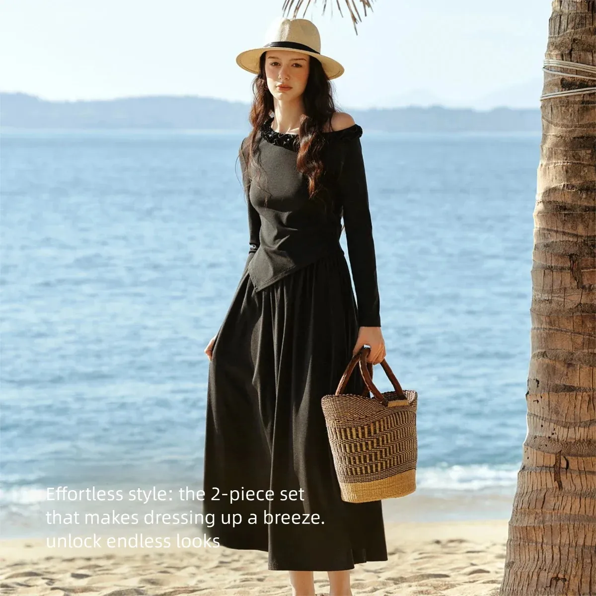 OLrain 2026 Autumn New Women French Off‑shoulder Knit Two‑piece Set A‑line Midi Skirt Fashion Long Sleeve Outfits O58CE002106