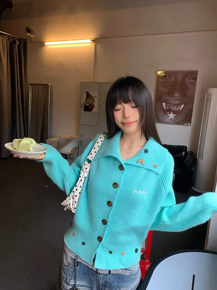 

Модный вязаный кардиган RAIN YAN LIN с пуговицами и отложным воротником, элегантный женский свитер с длинным рукавом, свободный универсальный повседневный топ