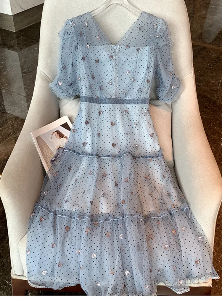 New Fashion Dot Flocking Mesh Fluffy Birthday Party Dress Women Double V-neck Butterfly Embroidery Summer Dress 2024