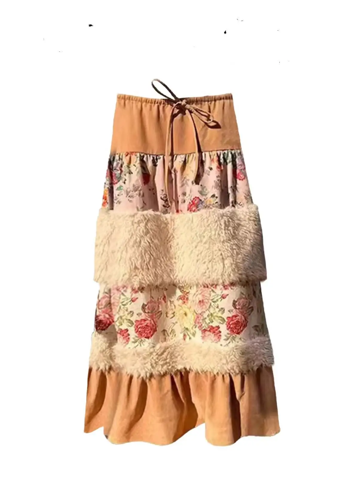 الجديد في شتاء خريف 2025 تنورة طويلة مرقعة من الفرو الصناعي بخصر منسدل للنساء تنانير كلاسيكية متوسطة الطول ملابس نسائية