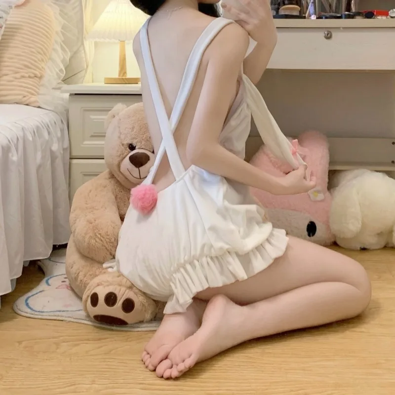 Kawaii Lolita Bunny Backless Pajamas Women Summer Cute Bow Rabbit Pijama Casual Sleepwear Nightwear Pyjamas Sweet Jumpsuit