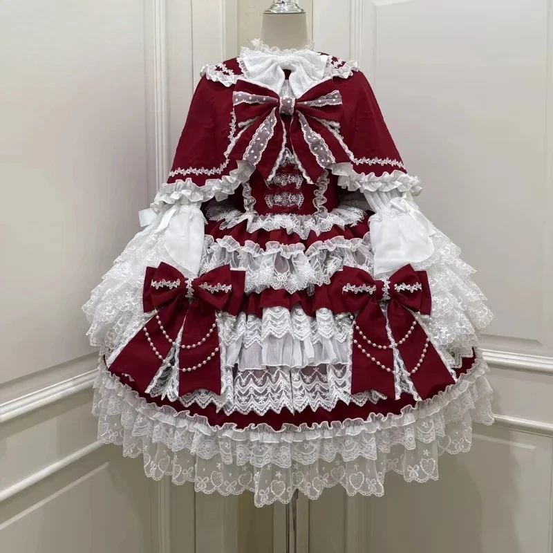 

Новый весенний комплект для девочек и женщин: милое кружевное платье-сарафан JSK с бантом в стиле принцессы, рубашка, оригинальный костюм Лолита, красная накидка и платье в комплекте