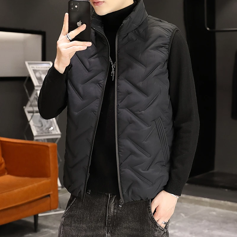 

Men's Thiened Warmth down Cotton Vest Steel Stamp Autumn Winter Outerwear Large Size oulder Pad Jaet Trendy Stand Fit