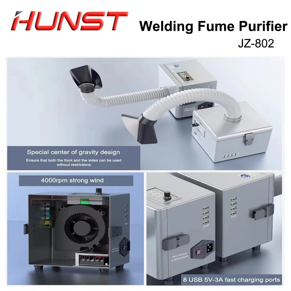 HUNST ZJ- 802 ZJ- 802S Welding Fume Extractor Air Dust Fume Purifier USB Fast Charger Industrial Phone PCB Soldering Repair Tool