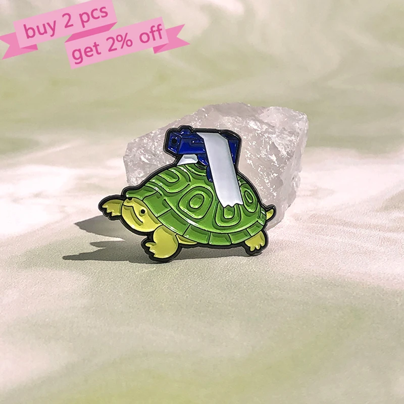 Funny Turtle Enamel Pins Custom The Turtle With Gun Brooches Lapel Badges Animal Jewelry Gift for Kids Friends