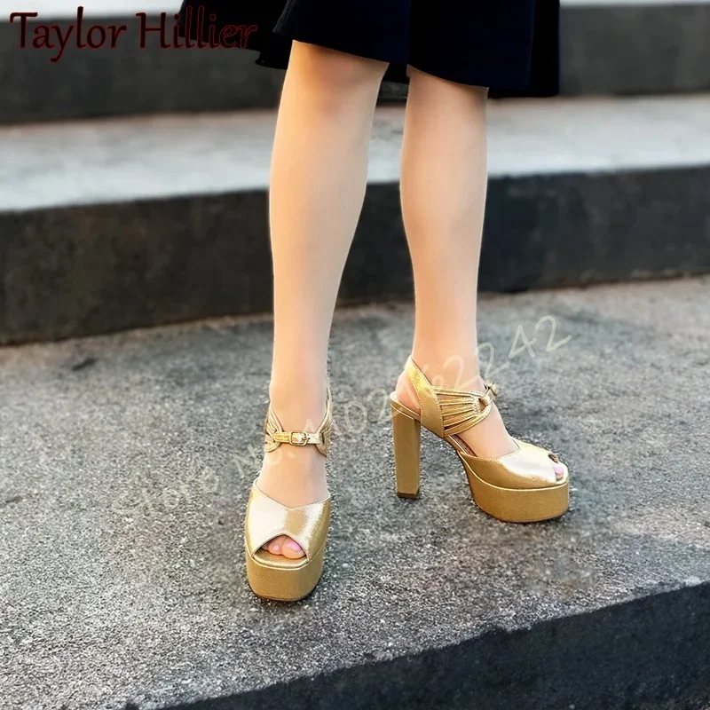 

Gold Open-Toe Sandals New Summer Round-Toed Thick-Heeled Platform High Heels Elegant Party Banquet Dress Dinner High Heels 46