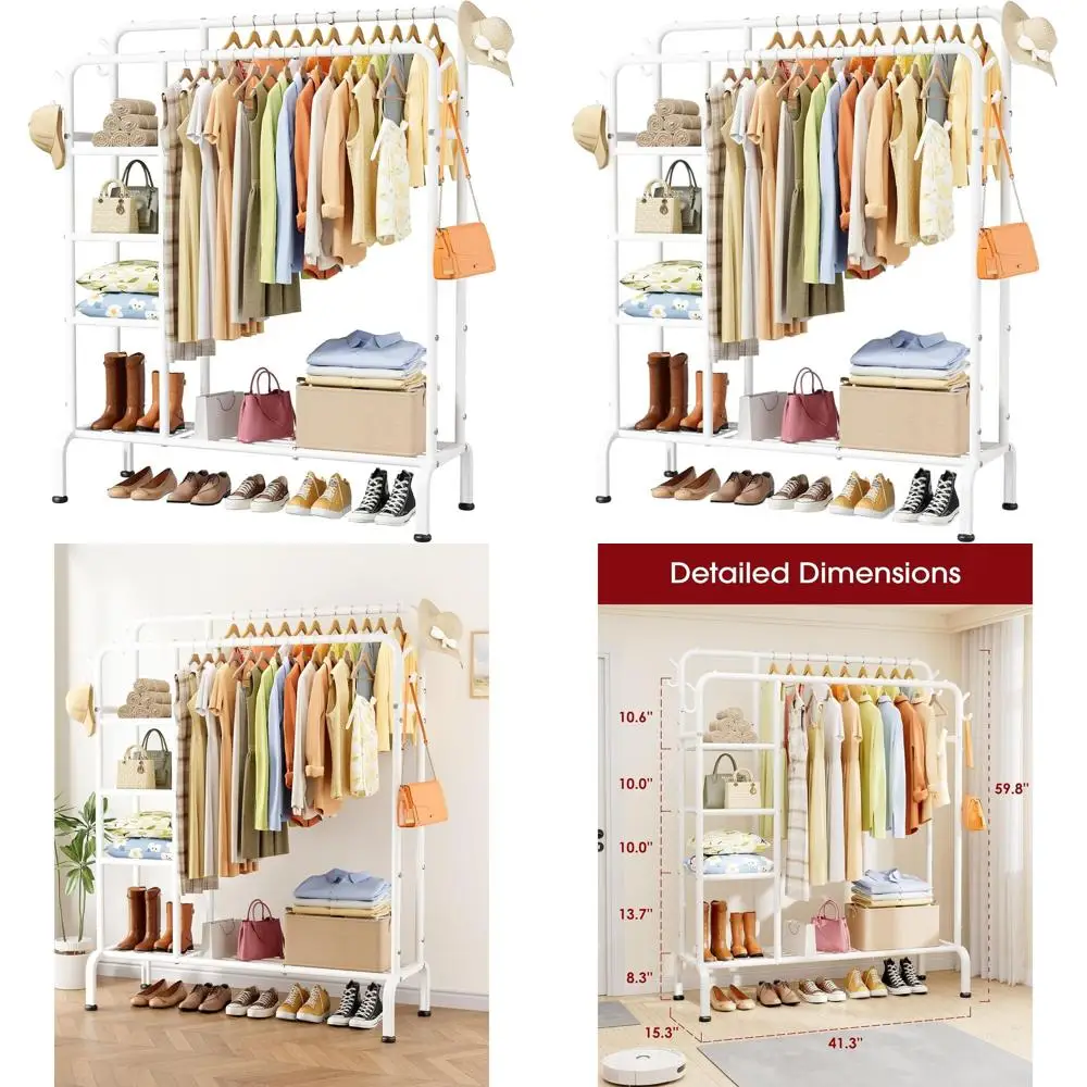 

Multi-Functional Double Rod Closet Rack with Hooks and Shelves, Ideal for Bedroom, Living Room, Entryway, 41.3 x 15.3 x 59.8, Wh
