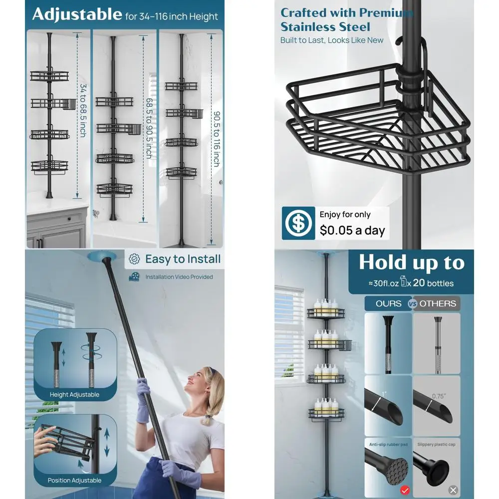 

Adjustable 4-Tier Tension Pole Shower Caddy, Quick Install, Rust-Free, Fits 34-116 Inch Height, Black