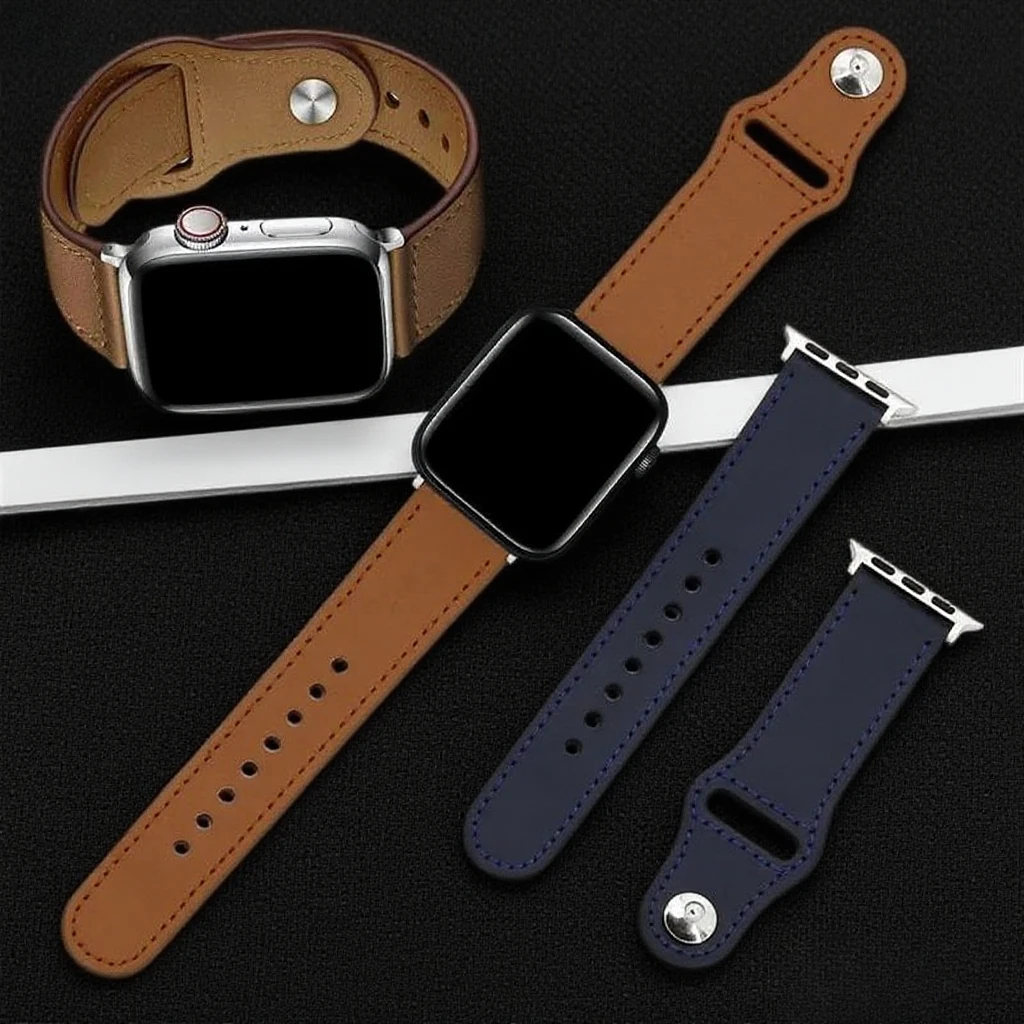 Apple Watch用本革ストラップ、iWatch Ultra 2/SE/シリーズ1-7と互換性あり、49/45/44/42/41/40/46mmに適合、レザーリストブ