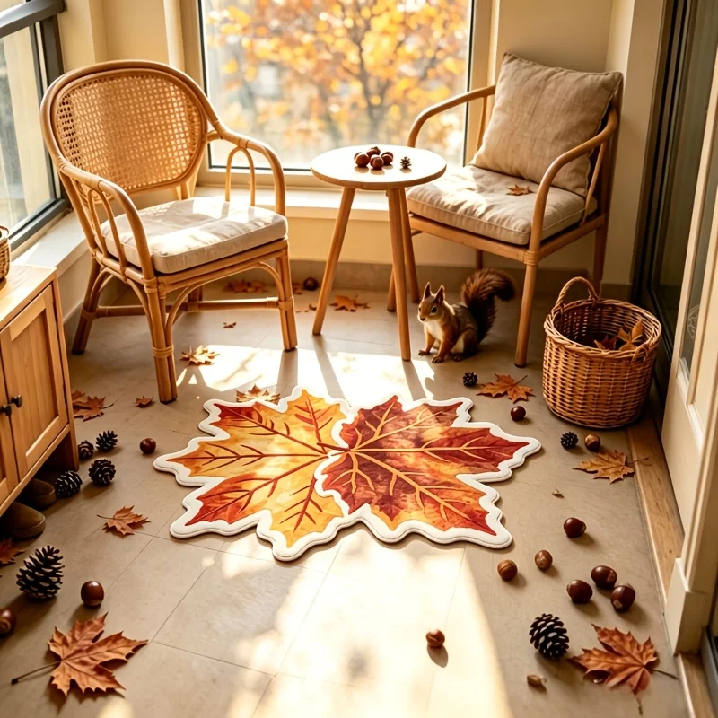 VIKAMA Maple Leaf Plush Rug Autumn Non-Slip Soft Washable Fluffy Carpet Nordic Style Floor Mat for Bedroom Living Room
