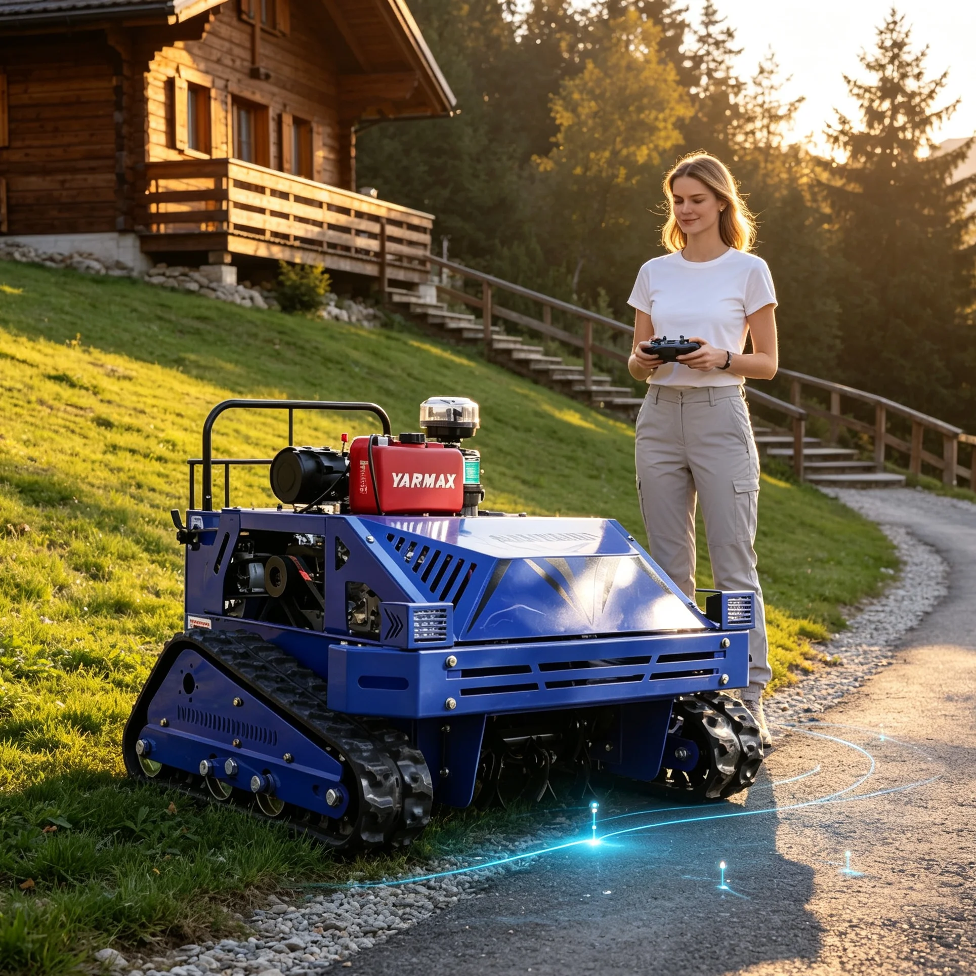 Customized Hilly Berry Orchard 550S Wireless Remote‑Controlled Lawn Mower, Classic Blue Body, Stable‑Signal Industrial Remote