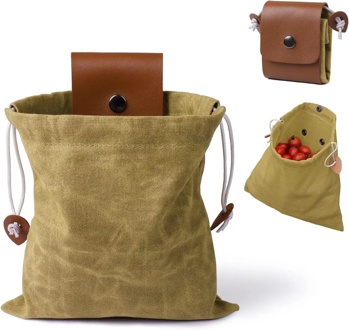 Canvas Foraging Pouch with Leather Drawstring, Belt Mount Mushroom Bag, Portable Harvest Sack for Outdoor Berry Collection