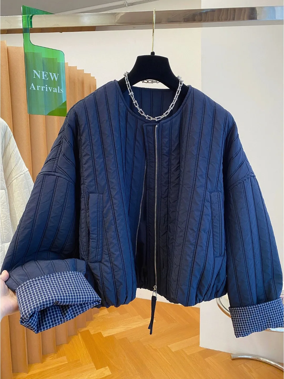 

plus Size Women's Lightweight Warm Cotton Jacket Plaid Splicing Loose Casual Winter Outerwear Long Sleeve round Neck Zipper
