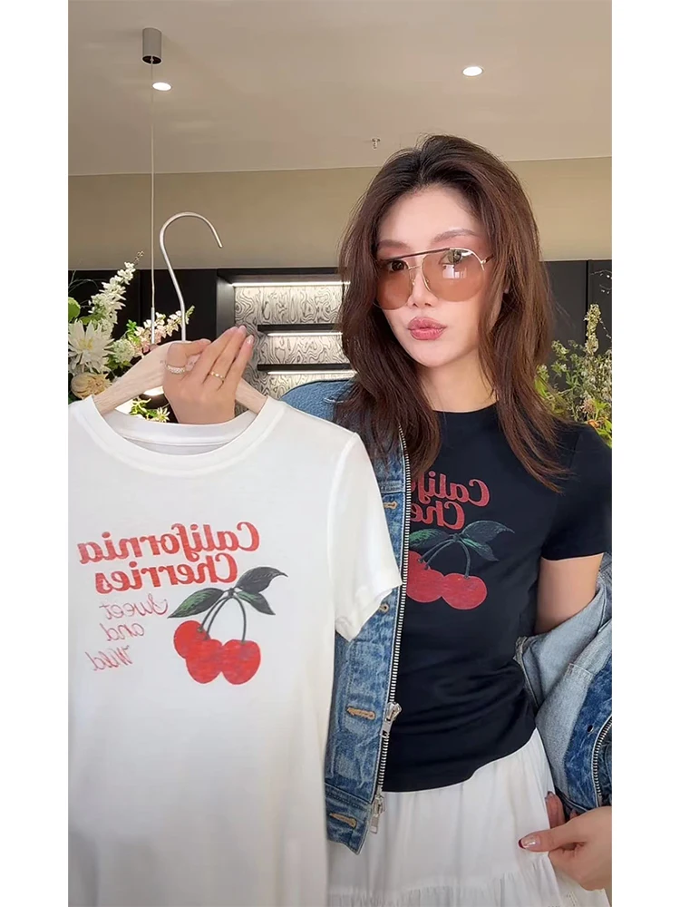 

Женская модная шерстяная футболка с короткими рукавами и принтом Dragon Xier American Retro California Cherry W423, стандартный крой