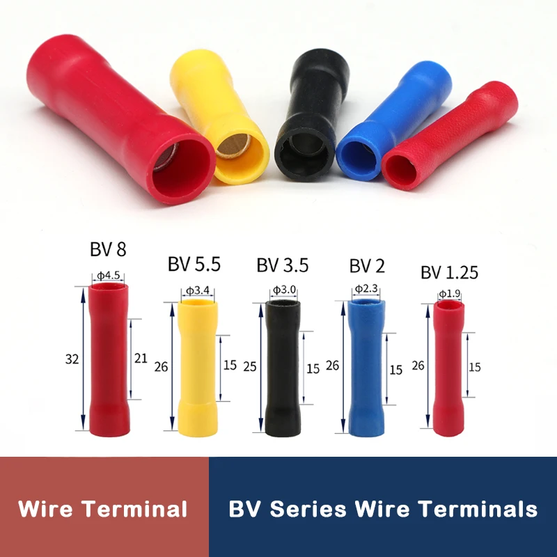 

10~100pcs Waterproof BV Series Wire Terminals Straight Butt Splice Crimp PVC Insulated Copper Tube Cold Press Cable Connector