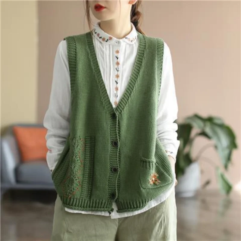 New Vest Vintage Knitted Cardigan Sweater V-Neck Vest Women 2023 Spring New Sleeveless Vest Printed Vest Cardigan Female Tops