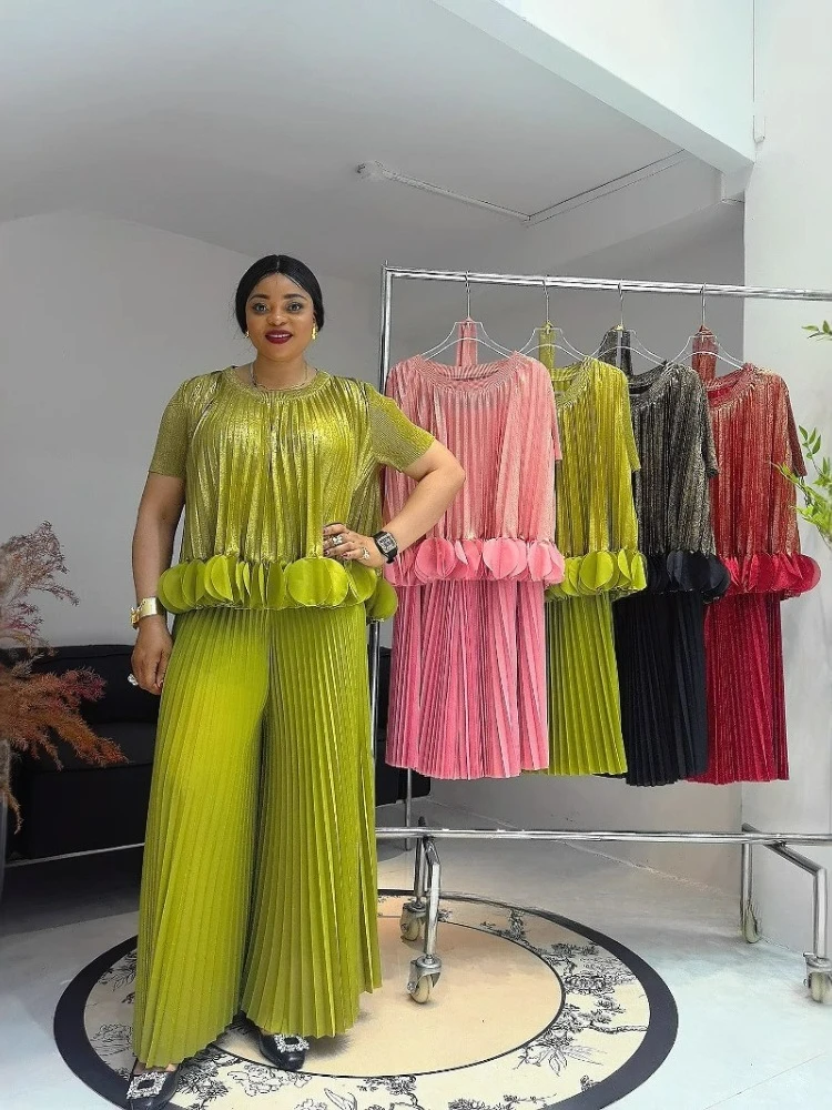 

Miyake Africa New Solid Color Bronzing Two-piece Set Round Neck Women's Clothing Waist Fashion Large Size Wide-leg Pants Set