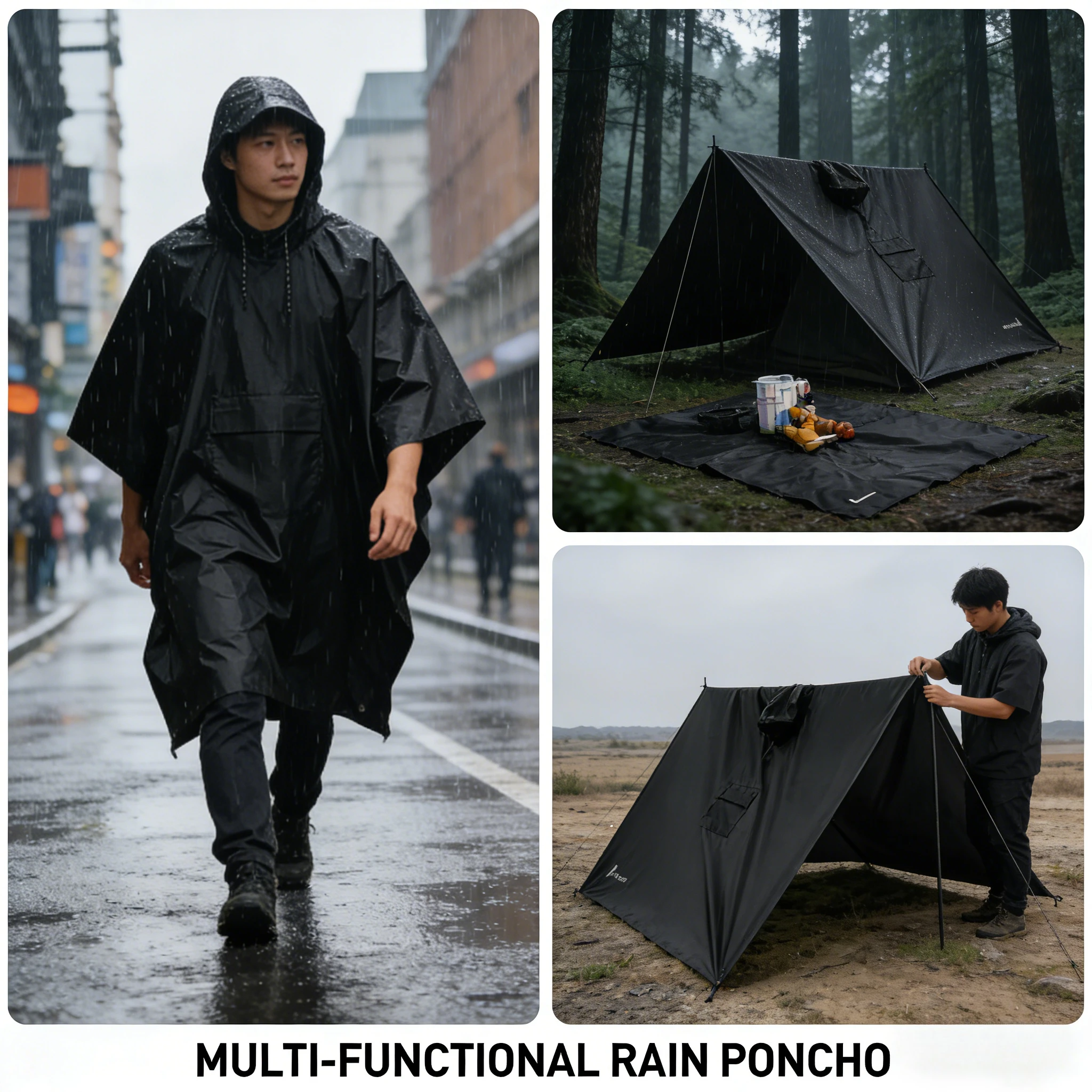 

3 in 1 PU Coated Rain Poncho Adult Multifunctional Waterproof Cape Outdoor Hiking Trekking Camping Travel Rain Gear