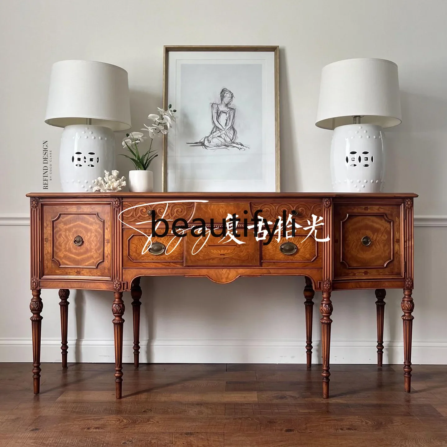 French retro solid wood carving flower porch cabinet living room decorative cabinet foyer locker birch