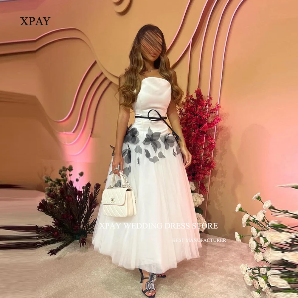 XPAY Classic A Line Evening Party Dresses Strapless Tulle Satin Flowers Ankle Length Prom Gowns Customized Wedding Party Custom