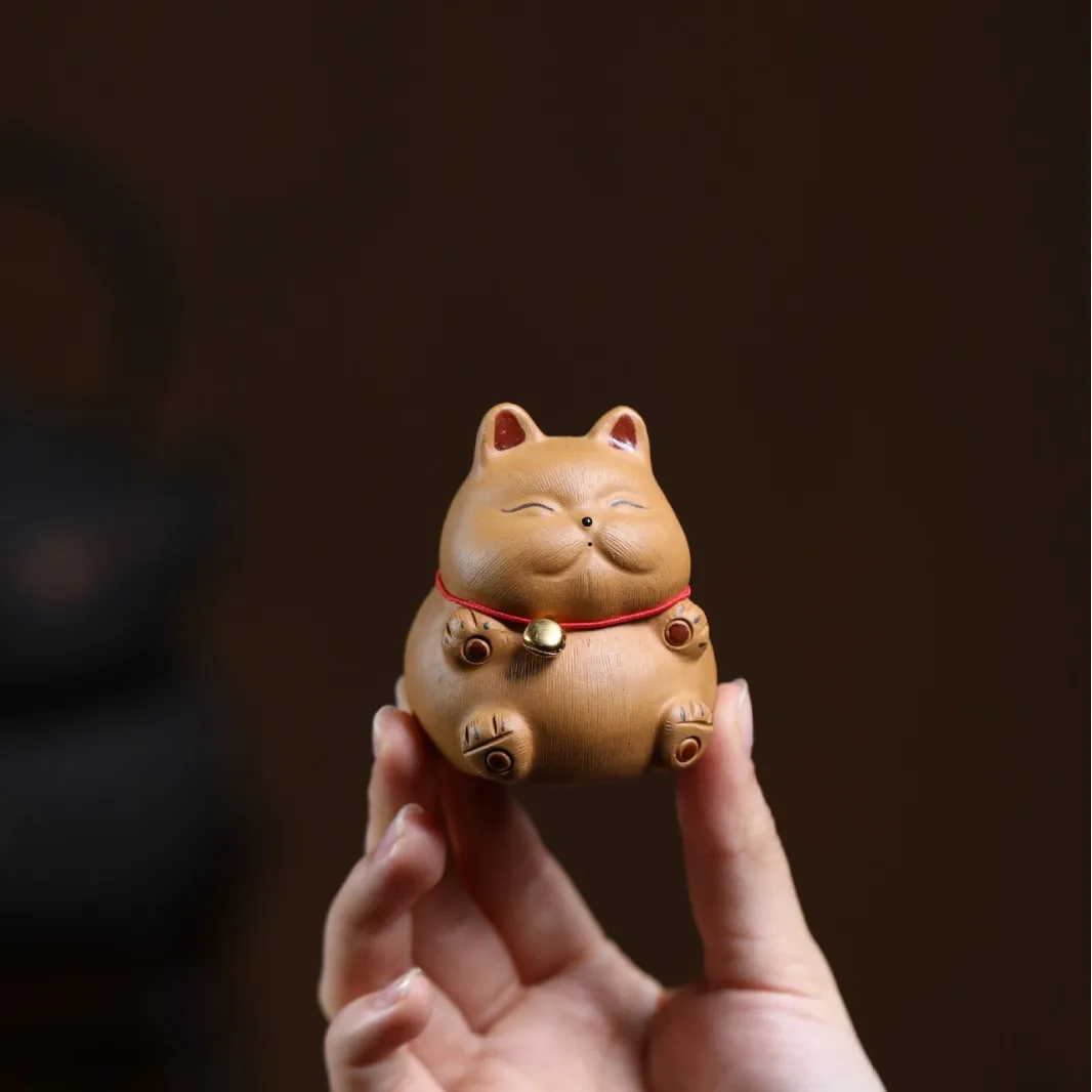 Bell Handmade Purple Clay Pet Creative Ornament Cute Fortune Cat Desktop Tea Table Decoration Small Gift For Someone