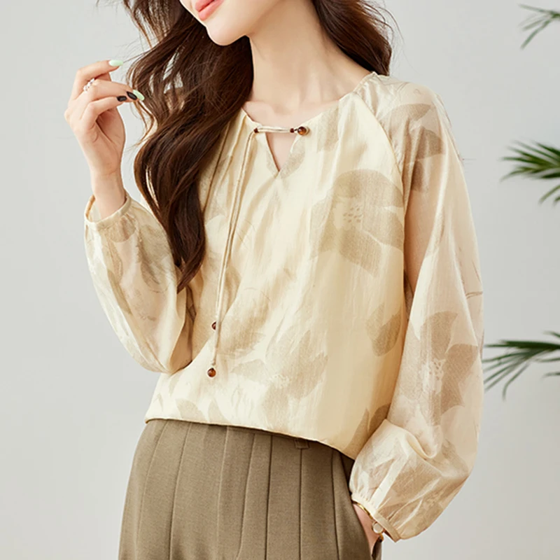 

Корейская модная рубашка с цветочным принтом, женские топы с длинными рукавами, свободные повседневные абрикосовые блузки с круглым вырезом, тонкие весенне-летние женские наряды