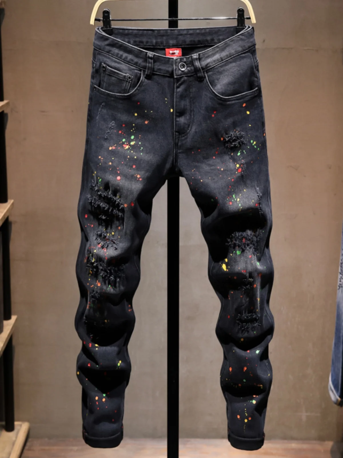 

Мужские модные лоскутные джинсы с чернилами и дырочками, облегающие джинсы, хлопковые длинные брюки с эластичной резинкой средней талии, осень-зима, новое поступление