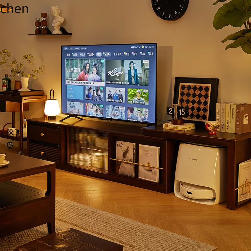 HXL Solid Wood Extendable TV Cabinet Coffee Table Floor-standing Extendable TV Cabinet Walnut Color