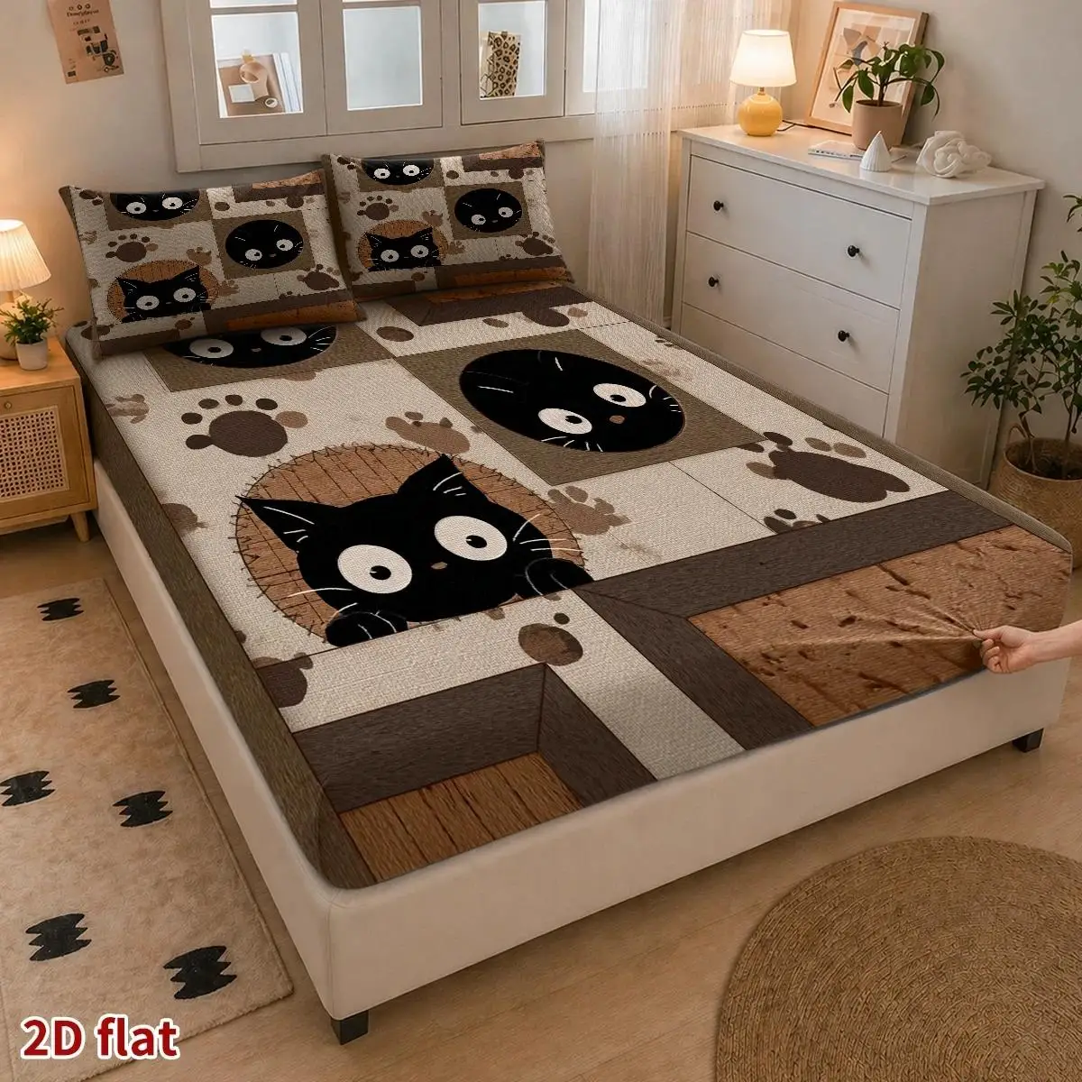 A Three-Piece Set, Including One Fitted Sheet and Two Pillowcases, Holiday Decoration, Halloween Theme, Elastic Mattress Cover, Mattress Protector, Fun Pattern with a Peeping Black Cat, Hand-Drawn Cozy Style, Halloween Fun Atmosphere, Suitable for All Seasons, Machine Washable and Easy to Care for